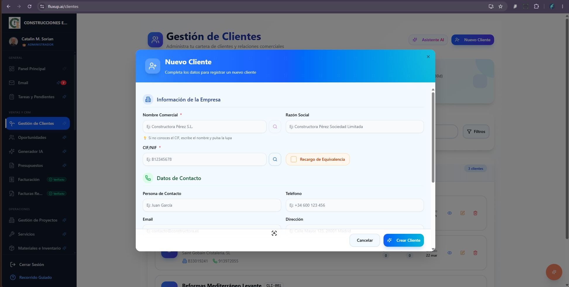 Paso 1: crear un cliente nuevo en FluxUp con nombre comercial, CIF/NIF y datos de contacto