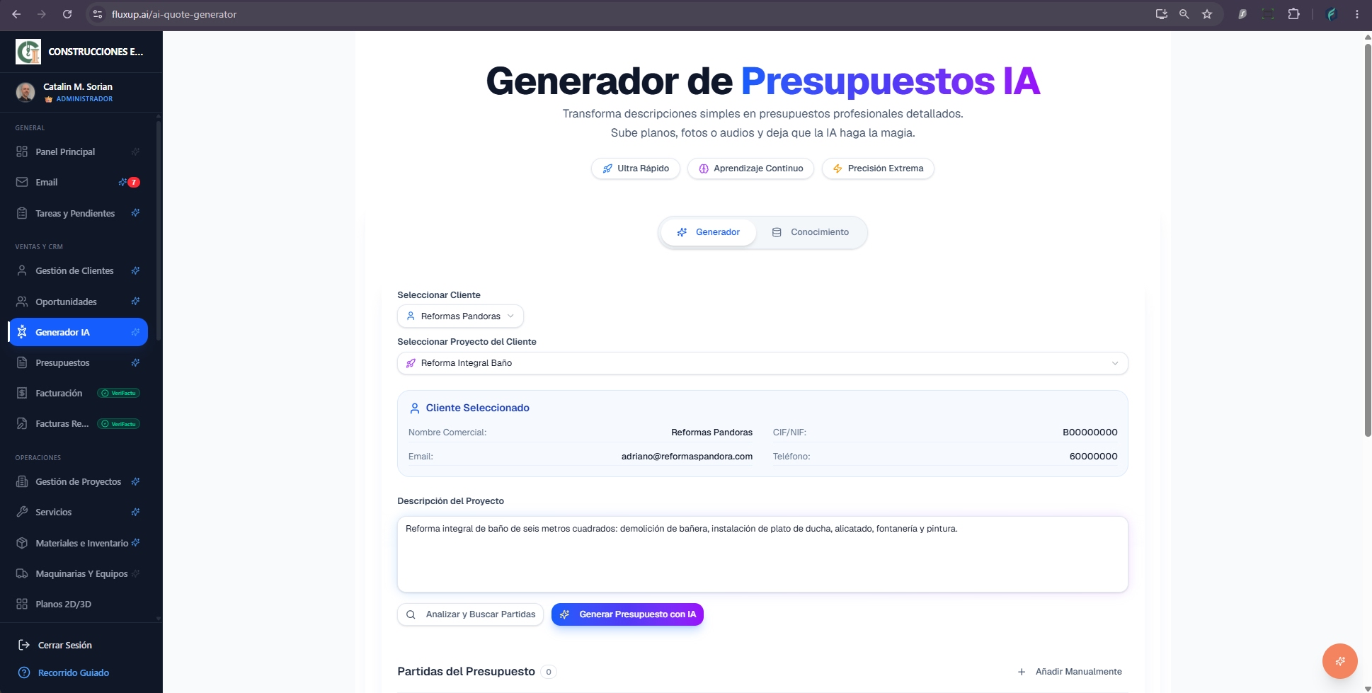 Paso 4: selección de cliente y proyecto en el generador; la descripción se importa del proyecto