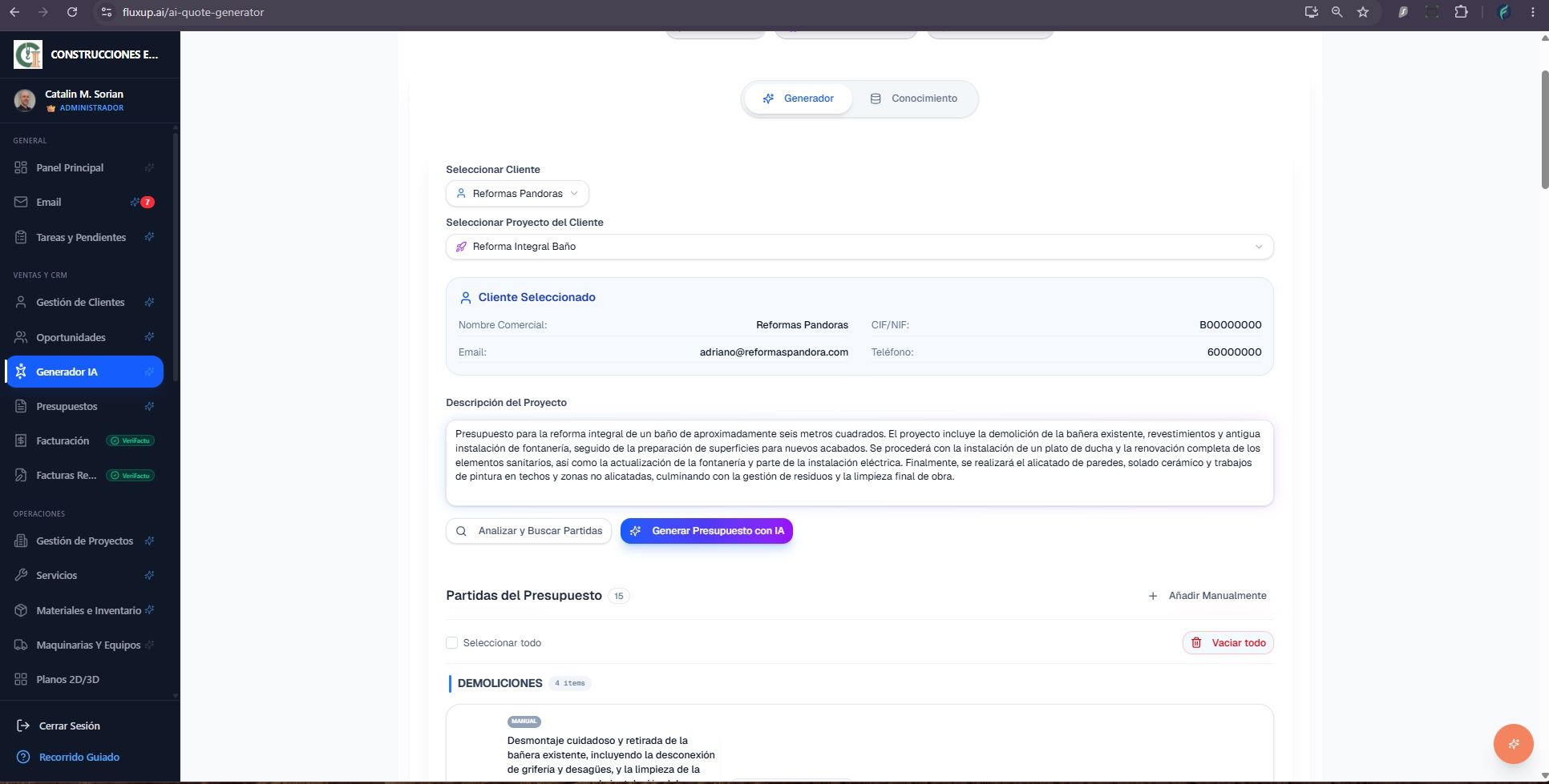 Paso 5: descripción de la obra y botones para analizar partidas o generar el presupuesto completo con IA