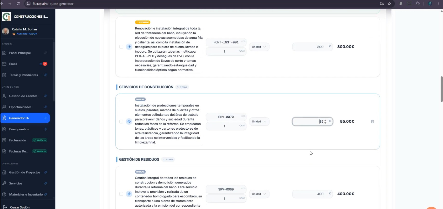 Paso 6: partidas generadas por categorías, con cantidades, precios y totales editables