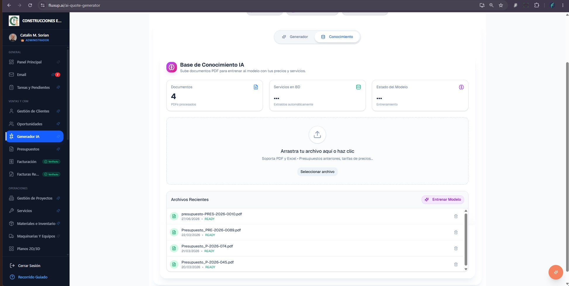 Opcional: Base de Conocimiento IA — subir PDFs y entrenar el modelo con tus precios